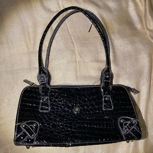 vintage black faux crocodile skin baguette bag
